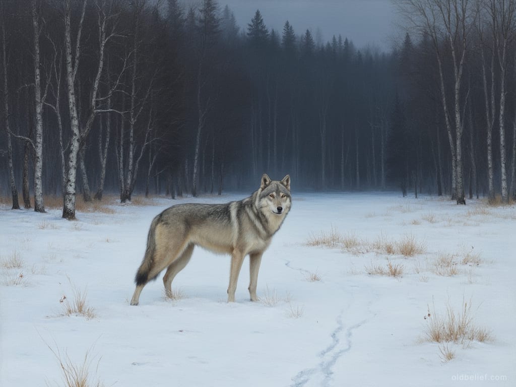 Grey wolf standing alone in deep snow at the edge of a birch and spruce wood in blue twilight, head turned, watching, a trail of tracks behind it