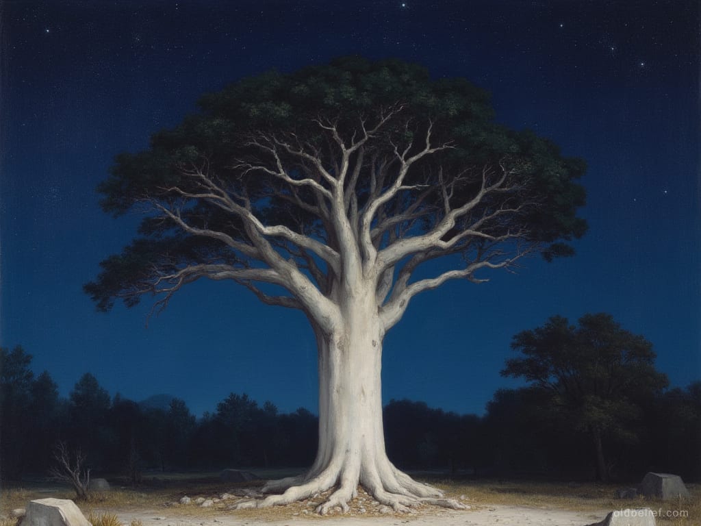 Enormous ceiba with a smooth pale trunk and buttressed roots standing alone in cleared ground at night, its branches spread wide against a starry sky
