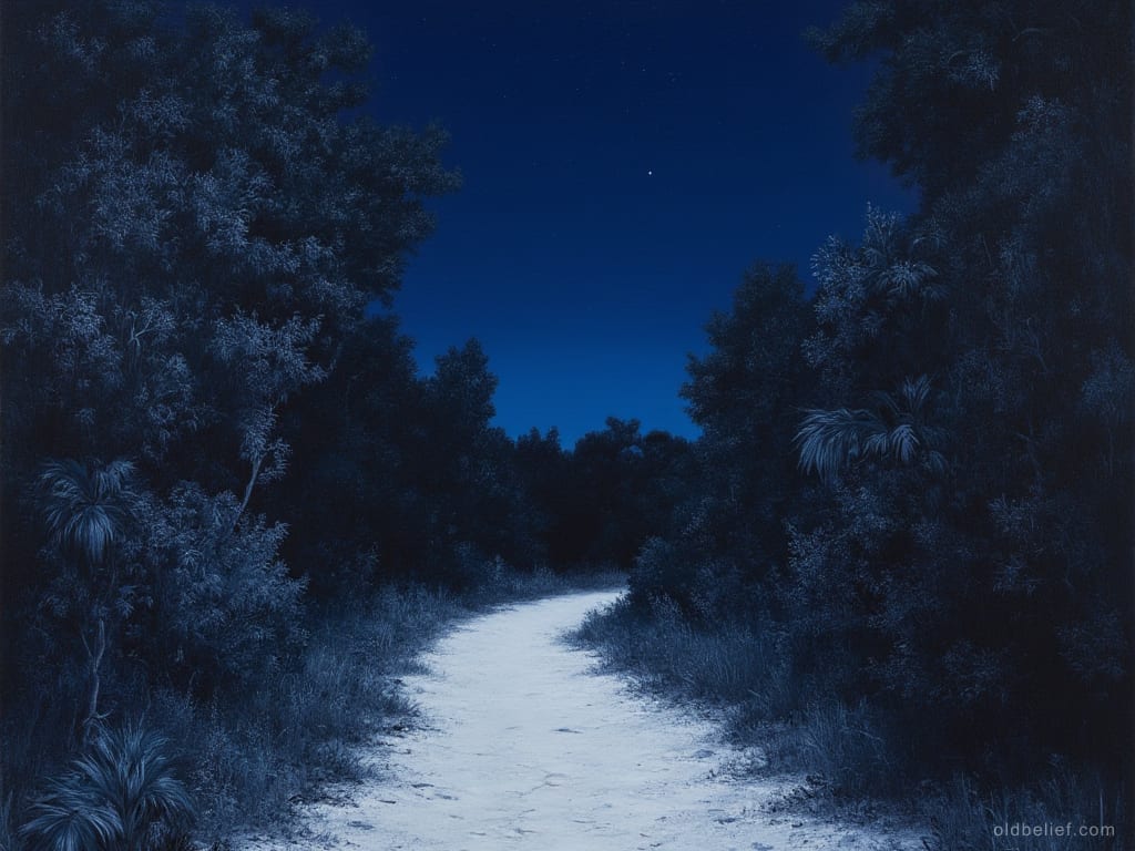 Narrow white limestone path curving away into dry scrub forest under a deep blue night sky, the surrounding leaves pale with moonlight