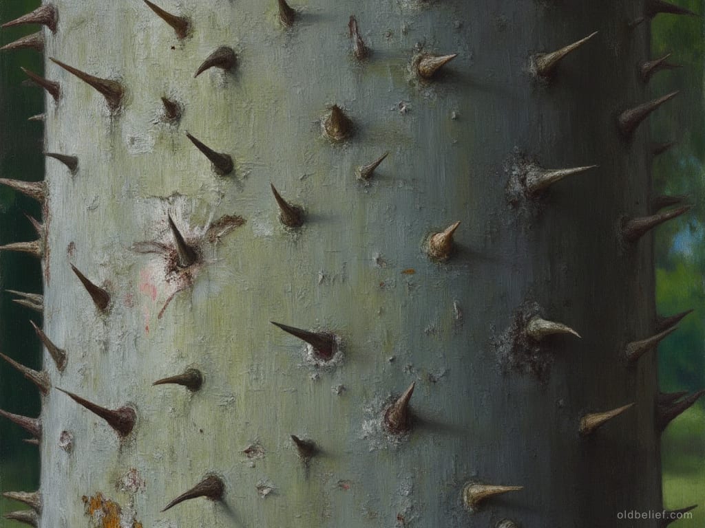 Close view of a green-grey young ceiba trunk studded all over with hard conical thorns, daylight and foliage showing at the edges