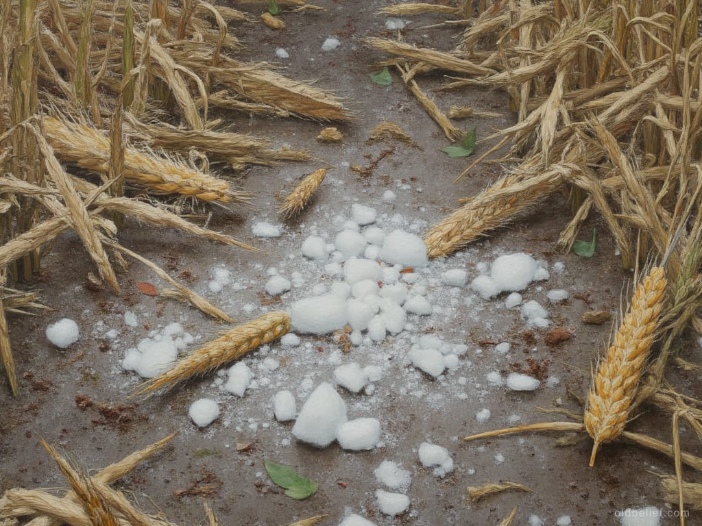 Hailstones lying unmelted on wet bare soil between stalks of ripe wheat beaten flat, seen from directly above