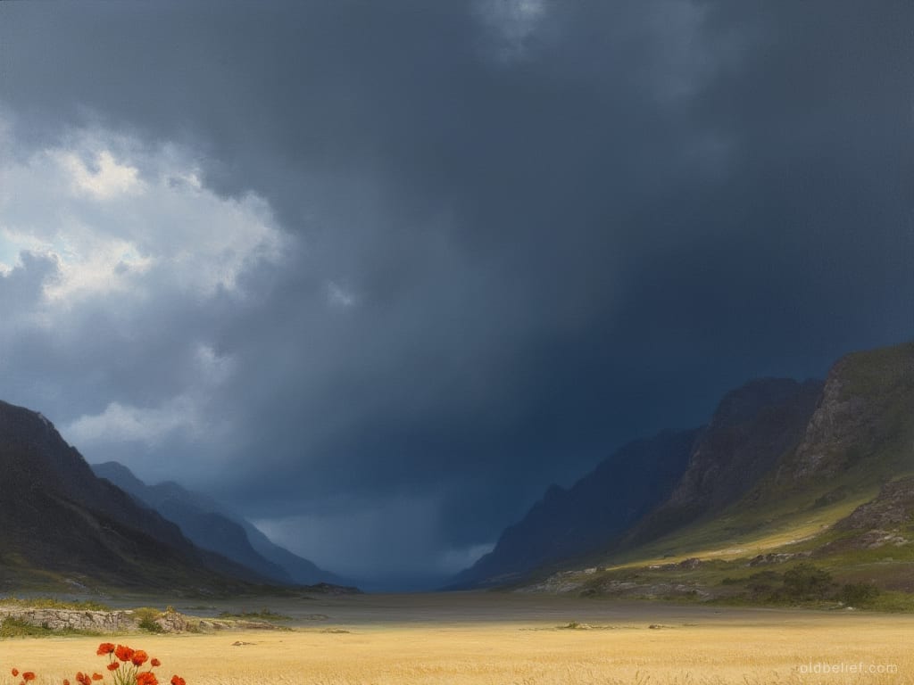 Black storm filling a mountain valley with rain falling in a grey curtain, a ripe field and red poppies still in sunlight in the foreground