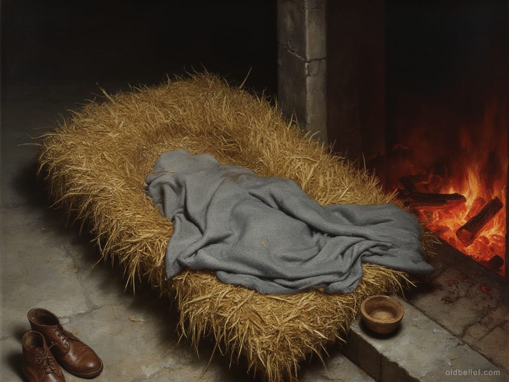 Straw pallet on a stone floor beside an open hearth, a grey blanket lying crumpled on it as if a sleeper had just been there, boots and a wooden bowl set down nearby, the fire still burning
