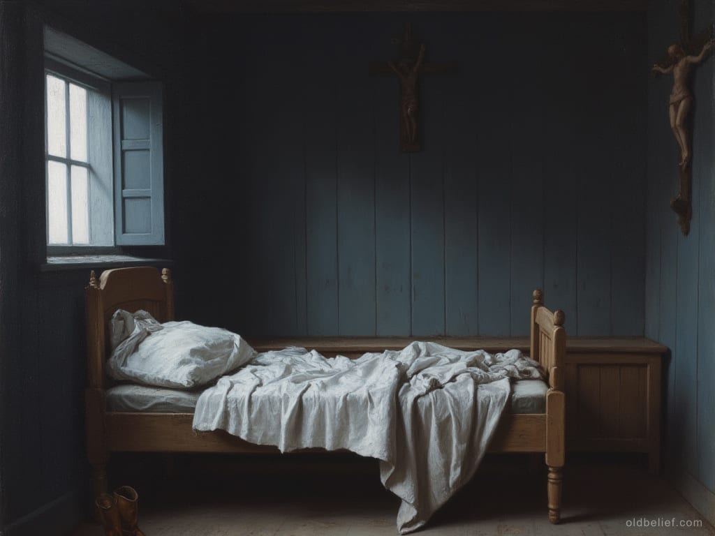 Empty wooden bed with rumpled white linen thrown back in a dim blue-grey room before dawn, a small crucifix on the wall above it and boots on the floor
