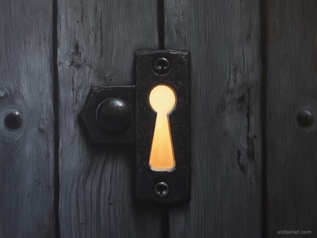 Close view of an iron keyhole plate and latch on a near-black plank door, warm light filling the keyhole from the far side