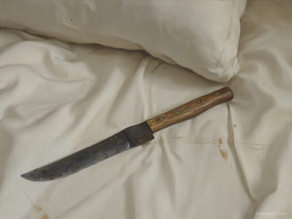 Long iron knife with a riveted wooden handle lying on a creased white sheet beside a pillow in weak light